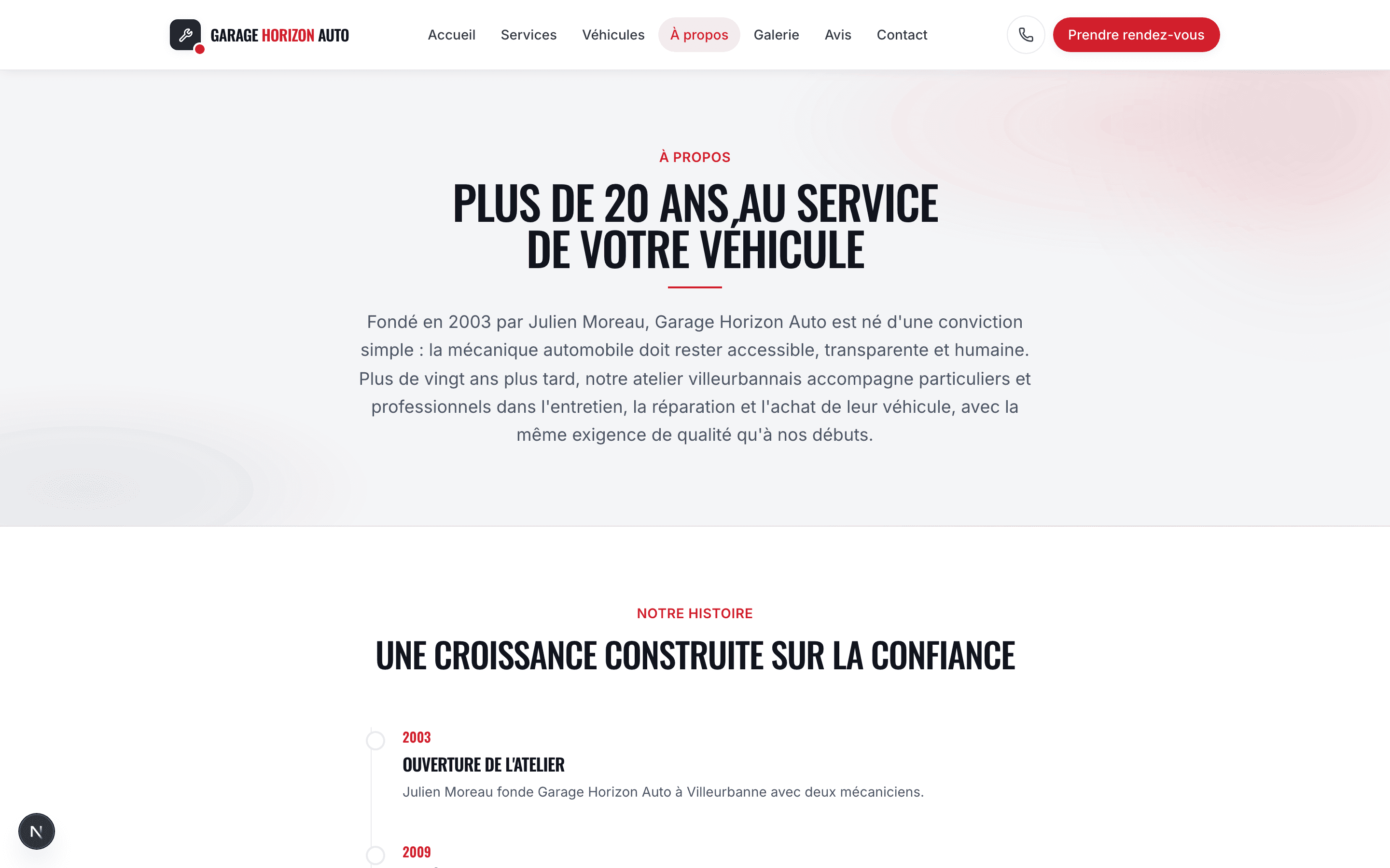 Capture d'écran de la page Une équipe de cinq professionnels, pas un logo anonyme