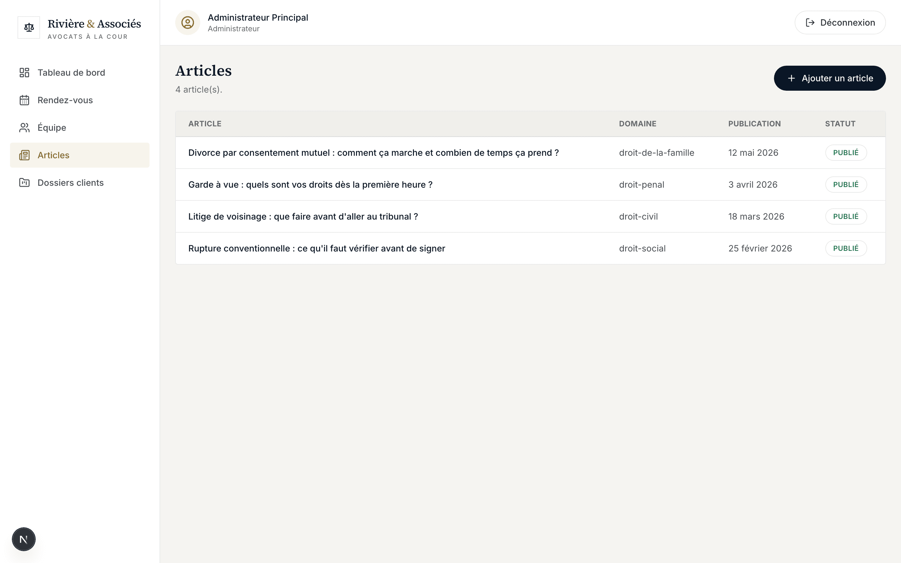 Capture d'écran réelle de la liste des articles du blog juridique dans l'administration