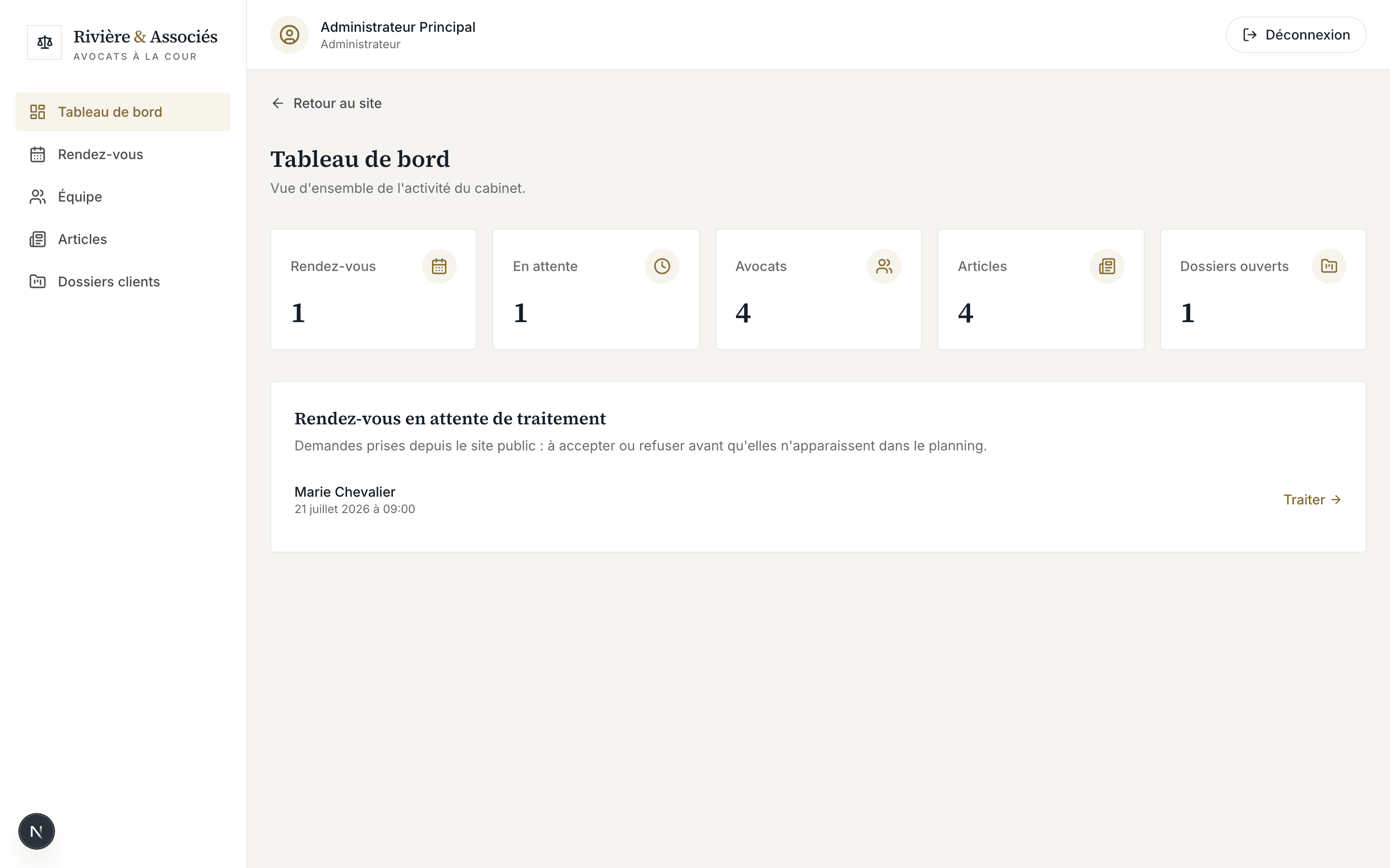 Tableau de bord de l'espace d'administration : statistiques et demandes de rendez-vous en attente de traitement