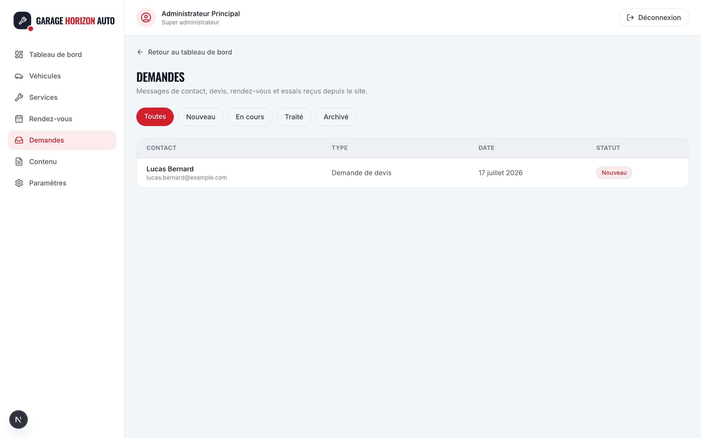 Capture d'écran réelle de la liste des demandes dans l'administration