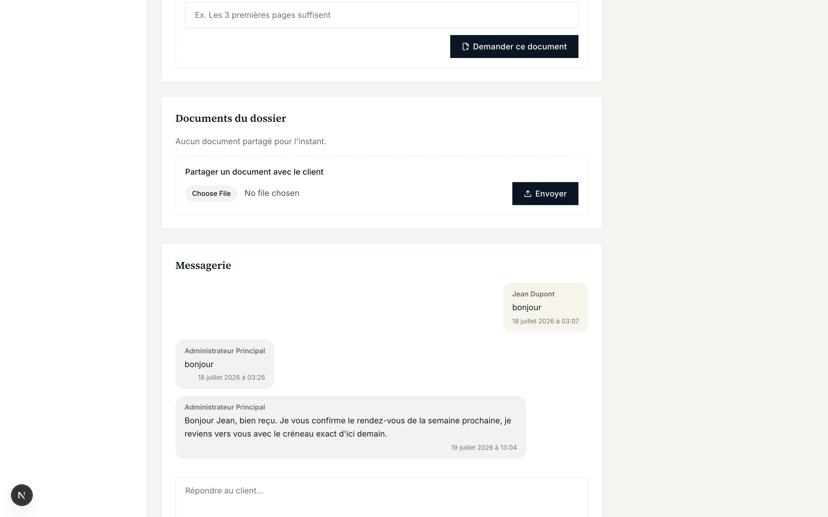 Capture d'écran réelle de la messagerie en temps réel d'un dossier client