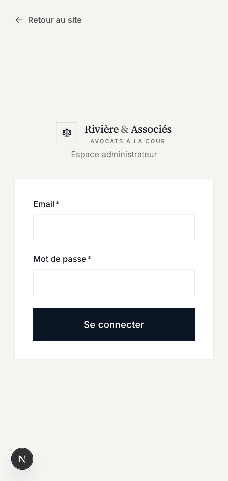 Capture d'écran réelle de la page de connexion admin en mobile