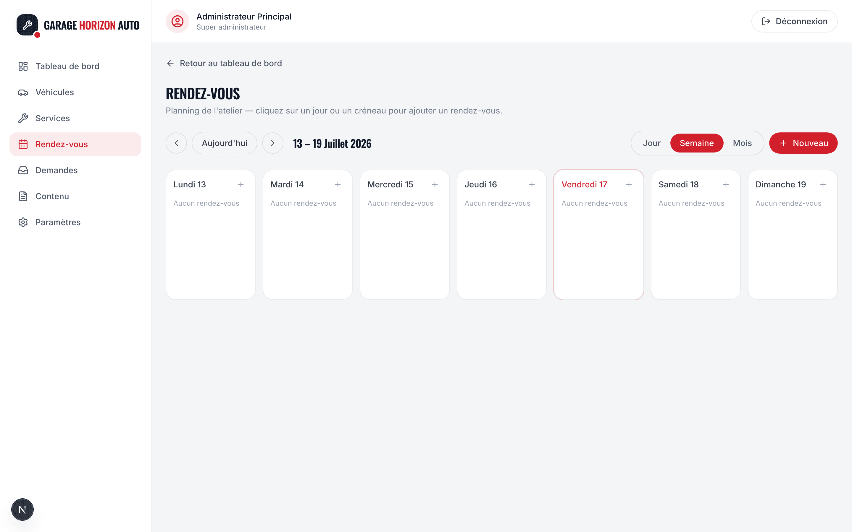 Capture d'écran réelle du planning des rendez-vous dans l'administration