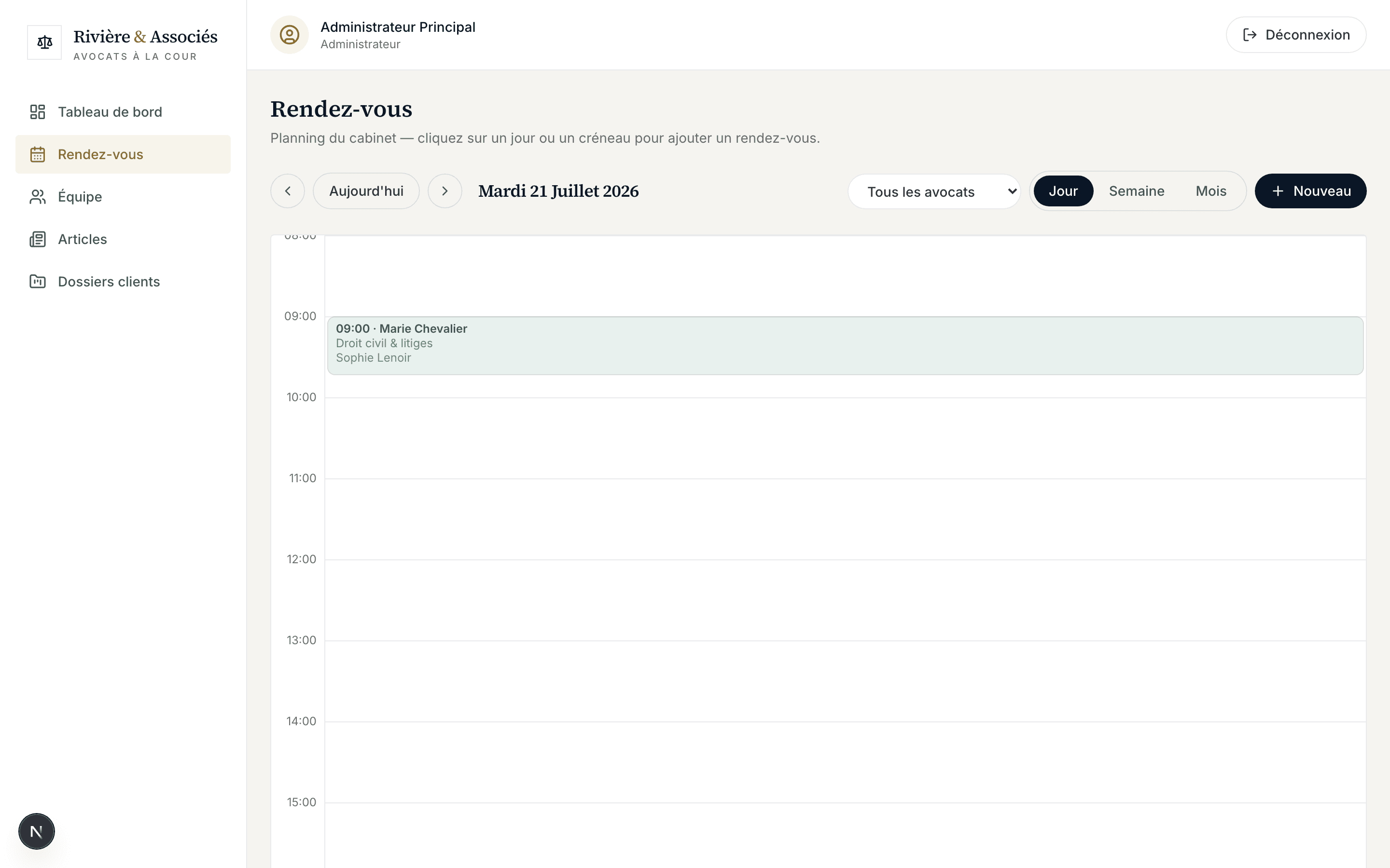 Capture d'écran réelle du planning avec un rendez-vous confirmé