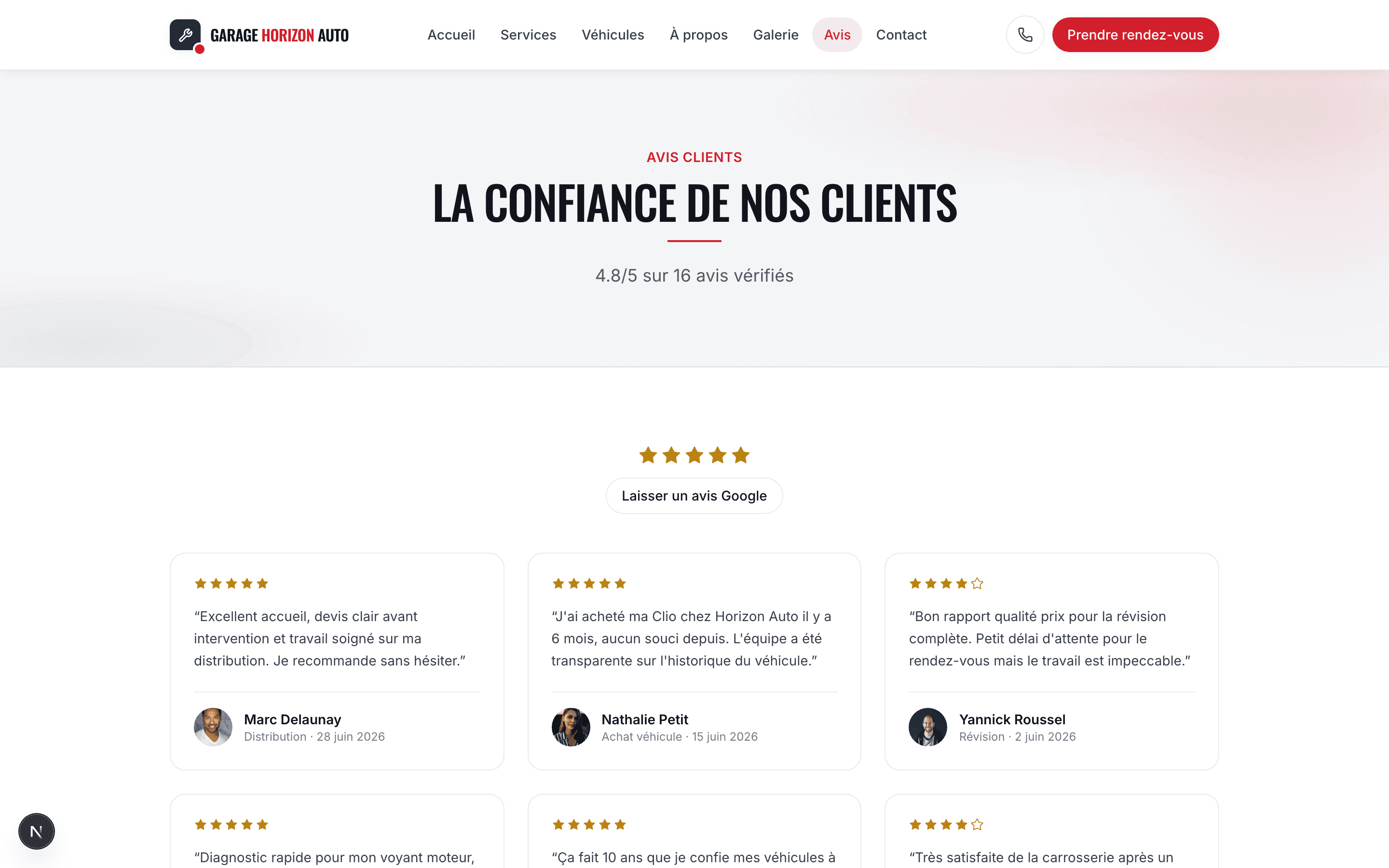 Capture d'écran réelle de la page des avis clients