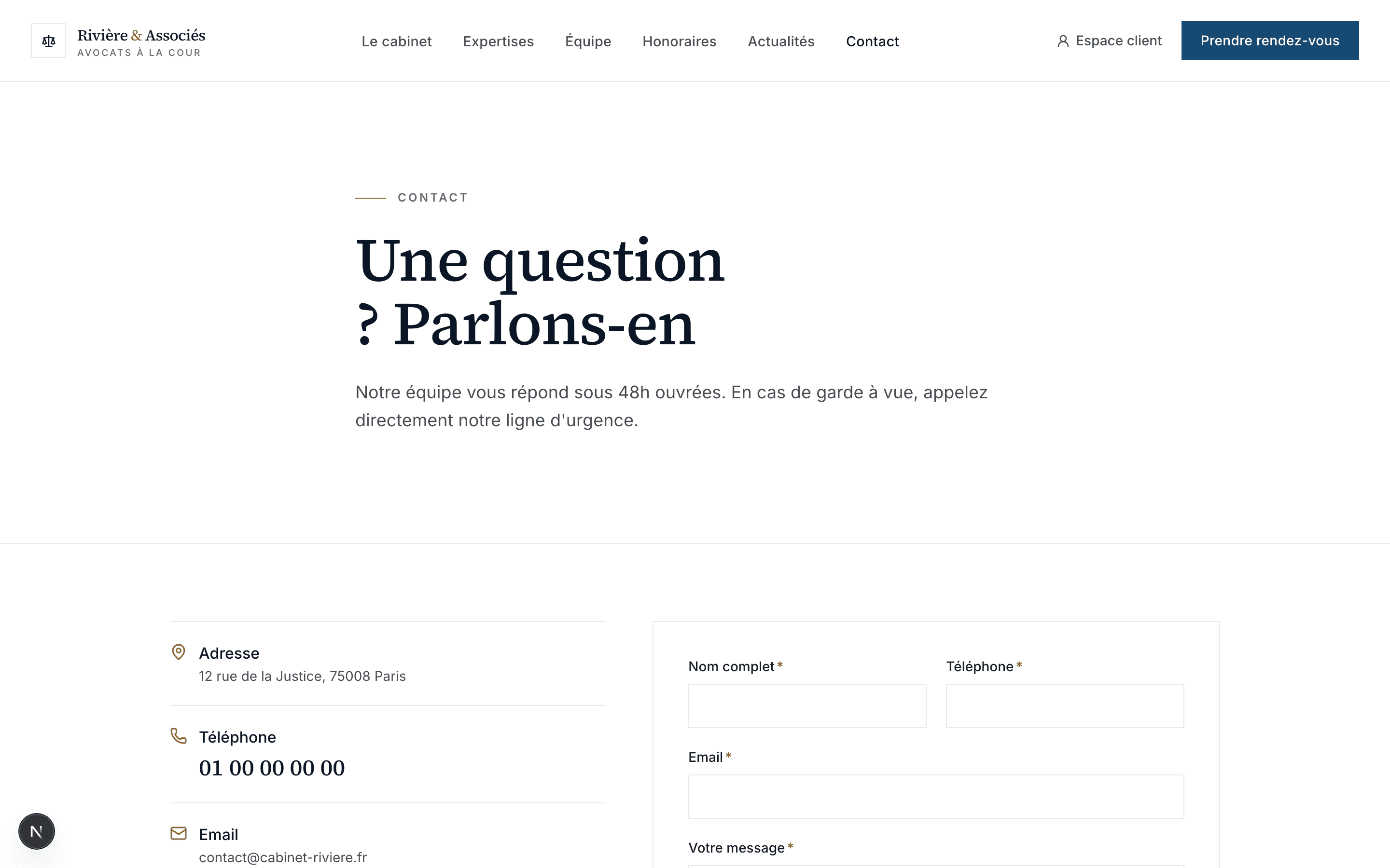 Capture d'écran de la page Un formulaire de contact et un rappel simplifié