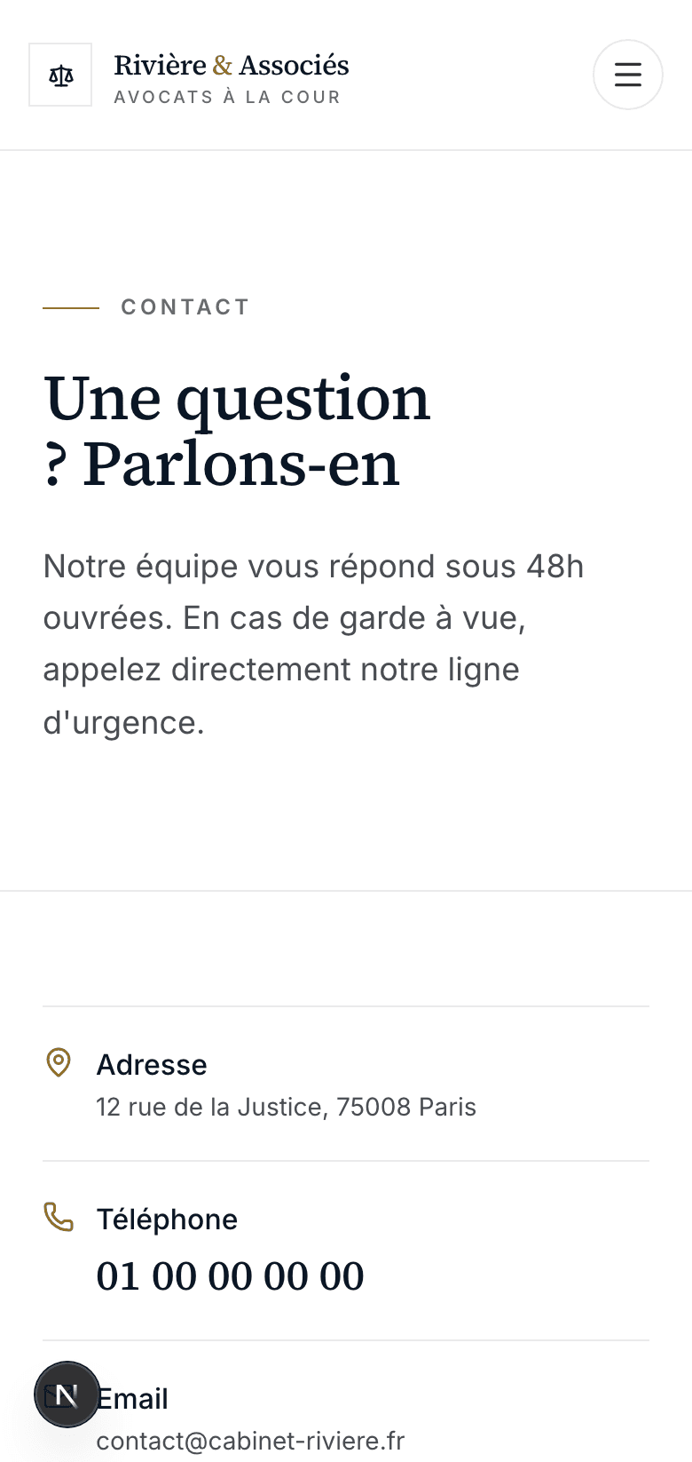 Capture d'écran réelle de la page de contact en mobile