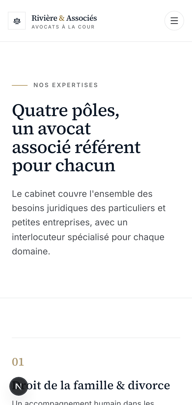 Capture d'écran réelle de la page des expertises en mobile