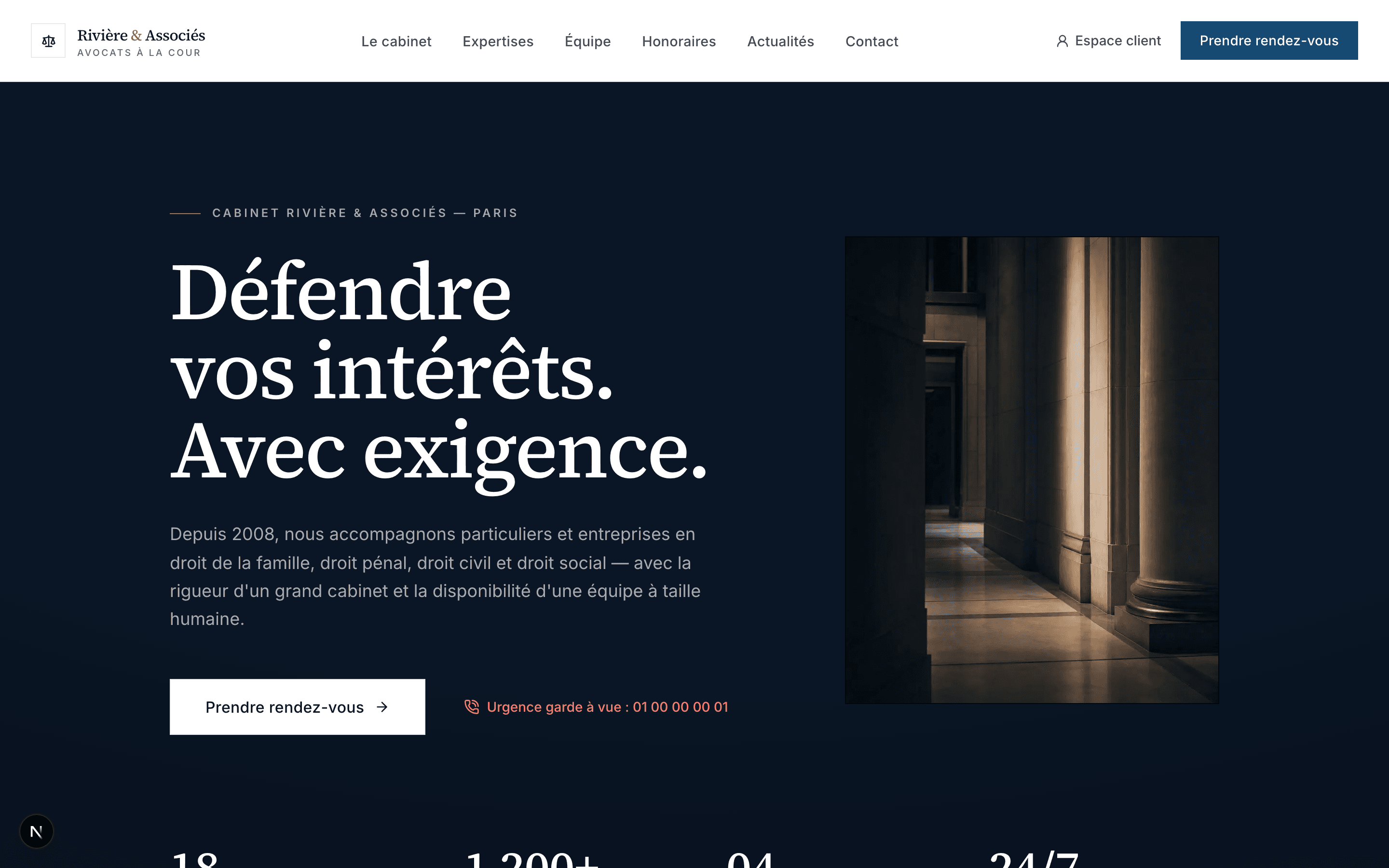 Capture d'écran de la page Un accueil qui pose immédiatement le sérieux du cabinet