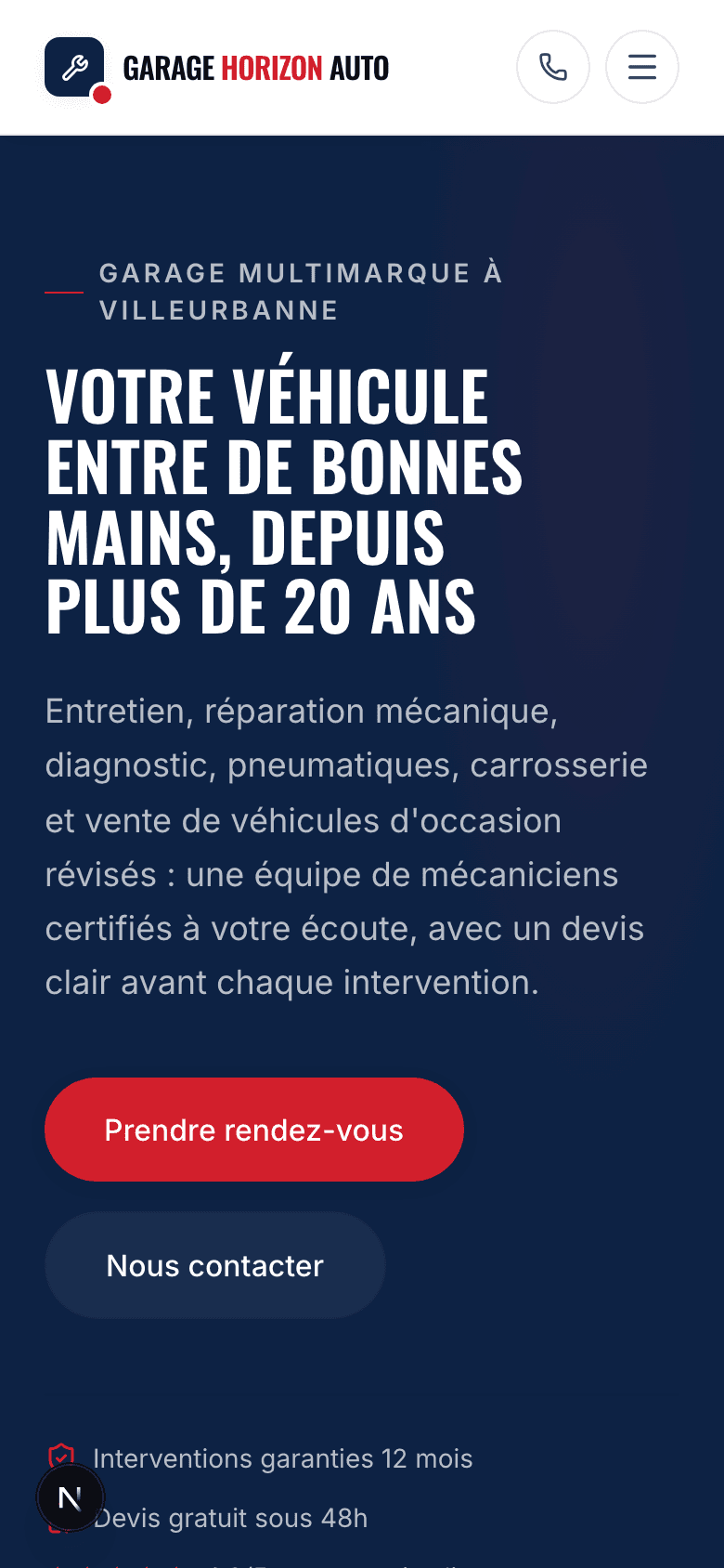Capture d'écran de la page d'accueil en mobile