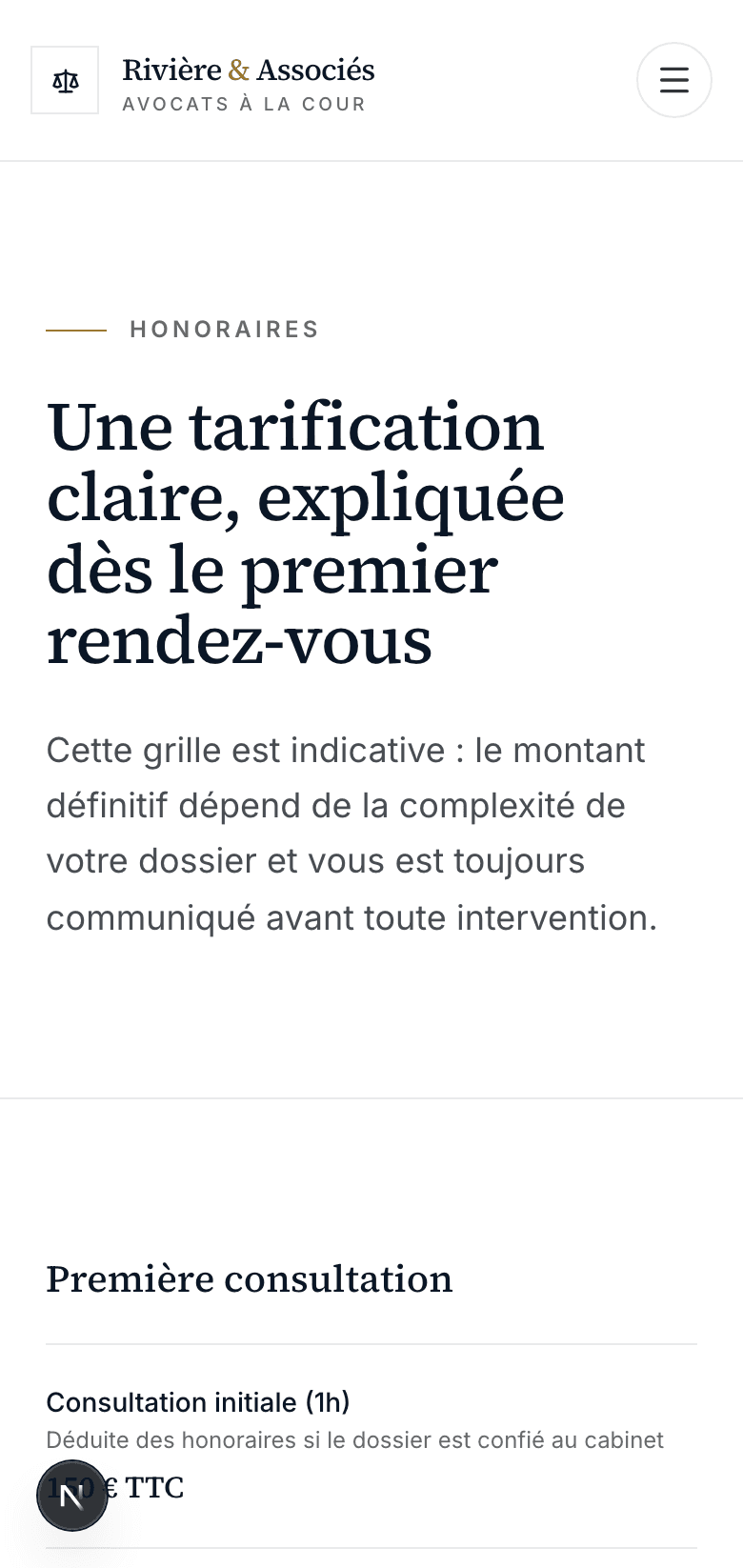 Capture d'écran réelle de la page des honoraires en mobile