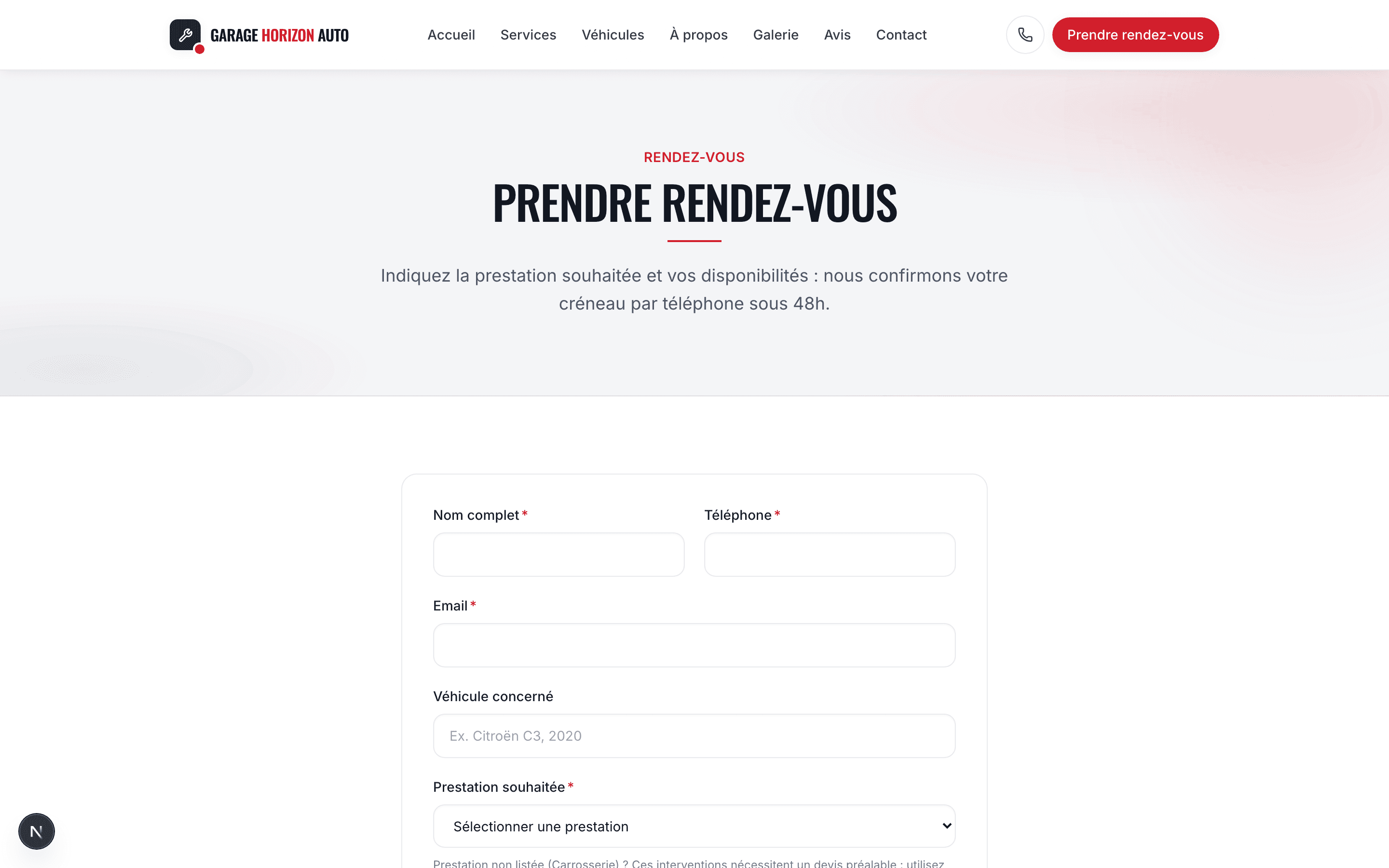 Capture d'écran réelle du formulaire de prise de rendez-vous