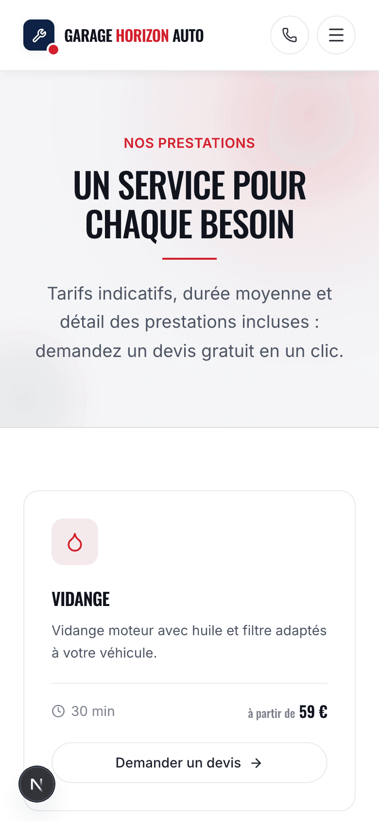 Capture d'écran réelle de la page des services en mobile