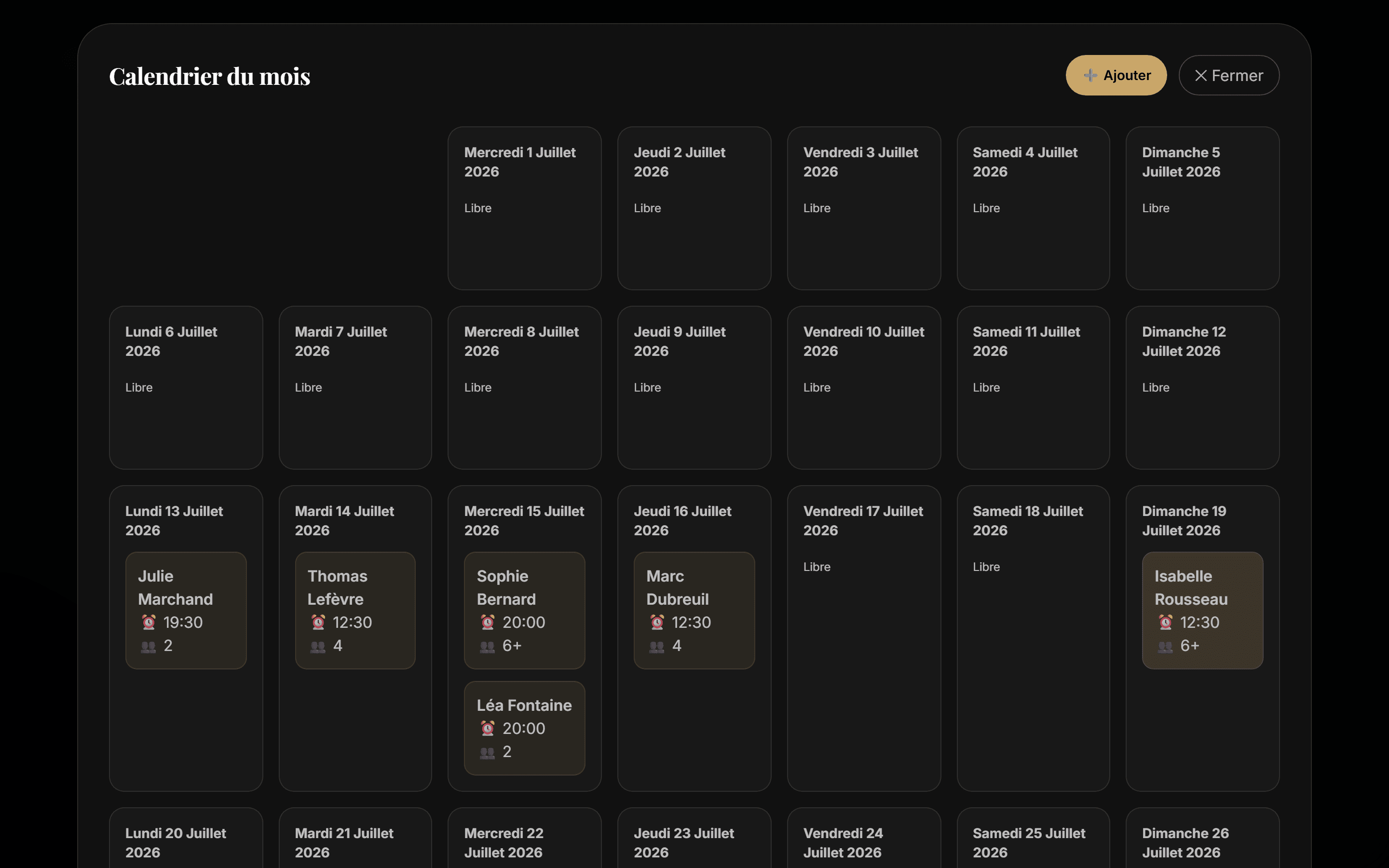 Capture d'écran réelle du calendrier mensuel des réservations