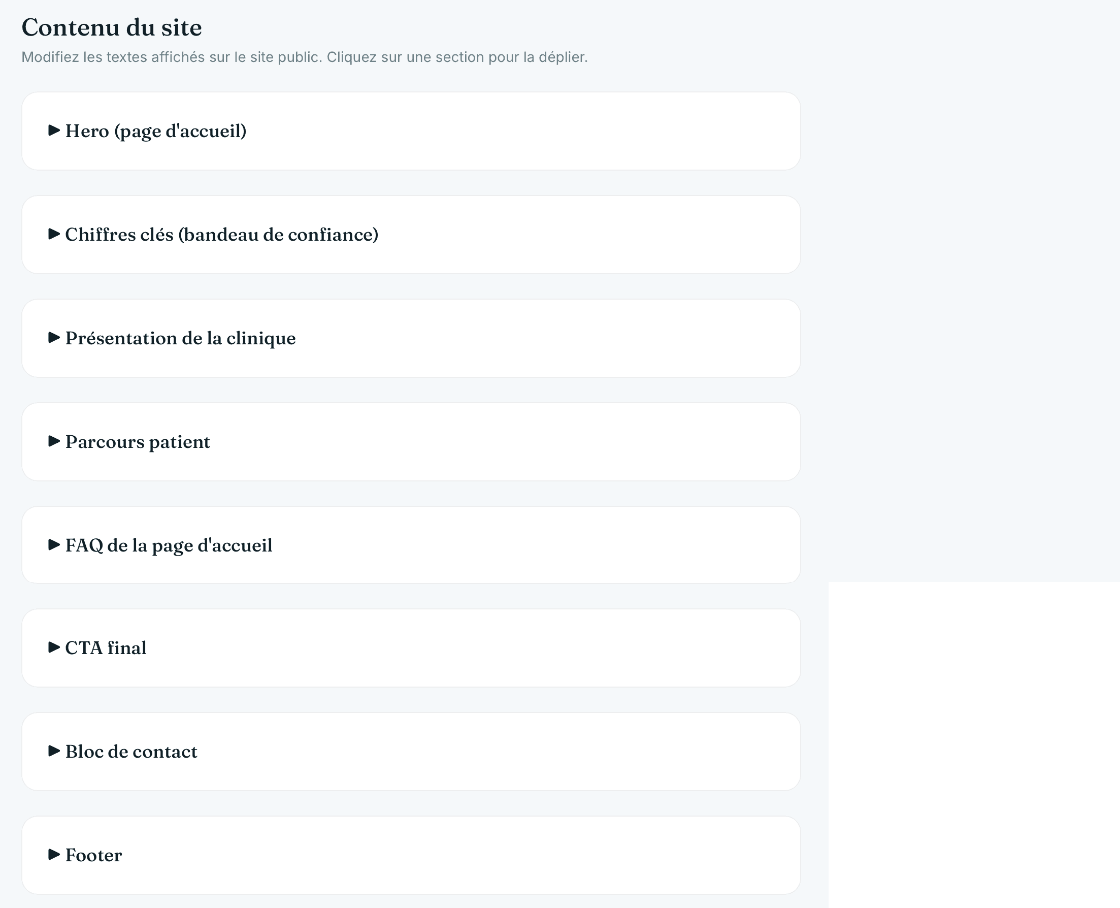 Capture d'écran réelle de l'éditeur de contenu du site public