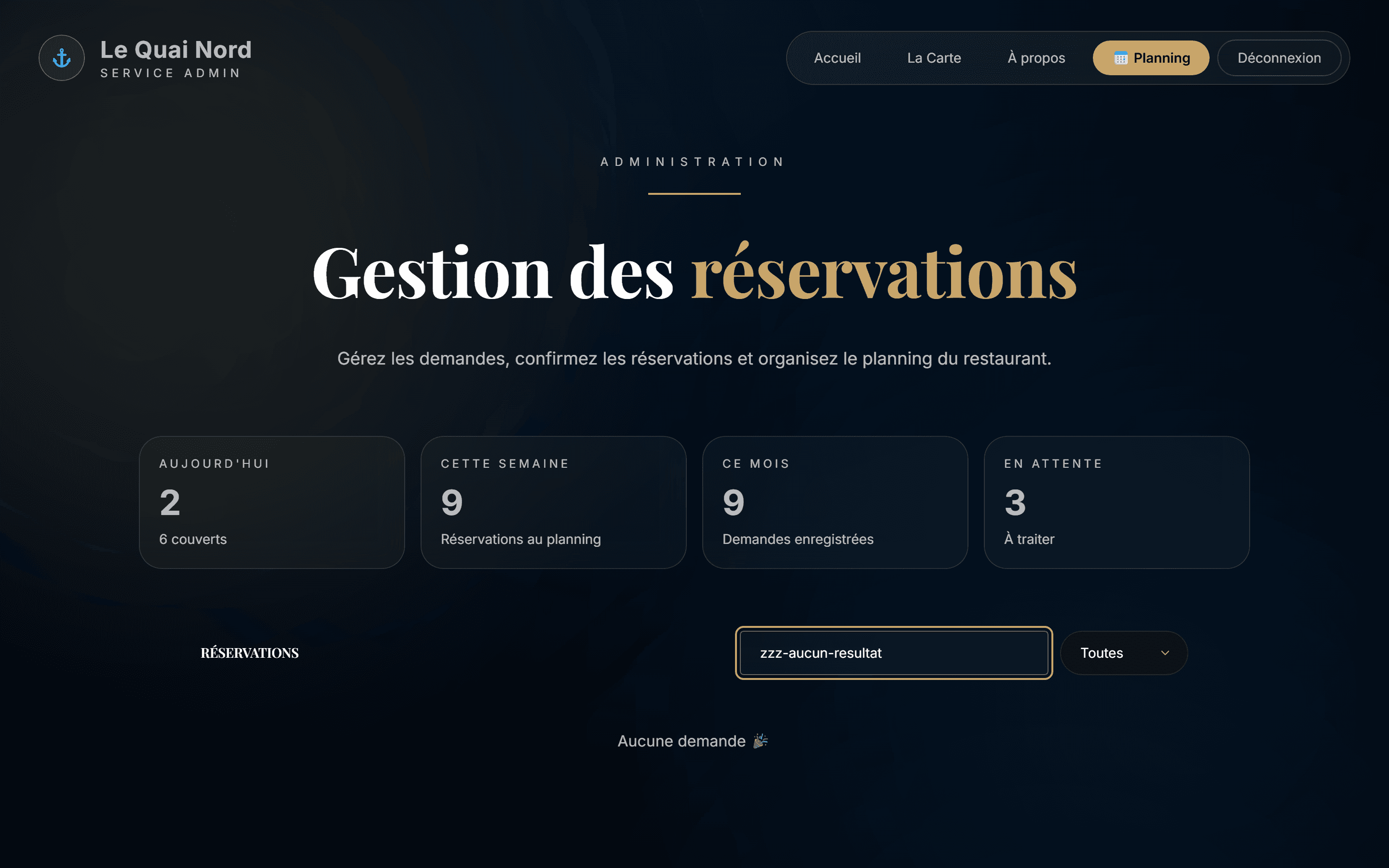 Capture d'écran réelle d'une recherche sans résultat dans l'administration