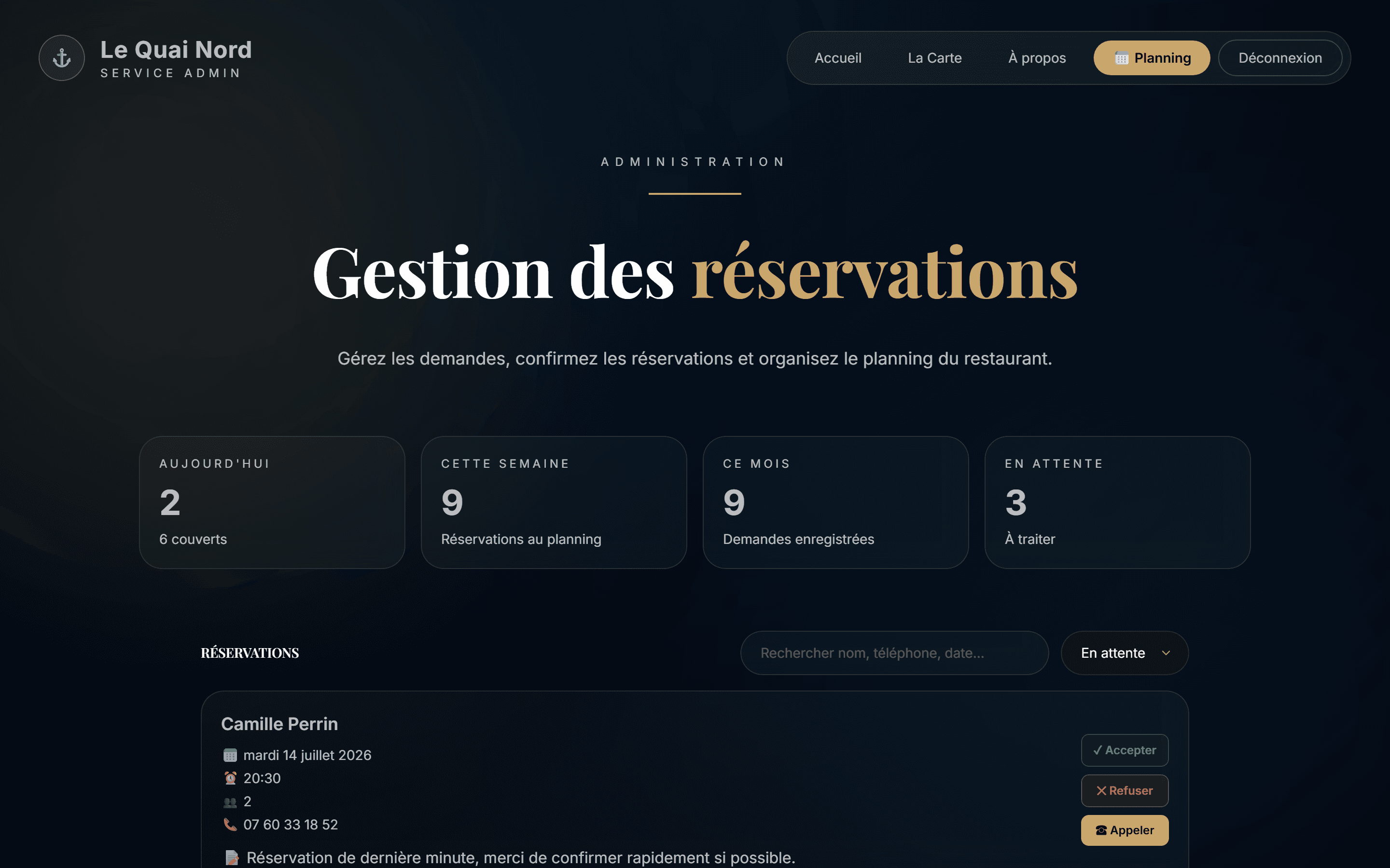 Capture d'écran réelle de l'administration en desktop