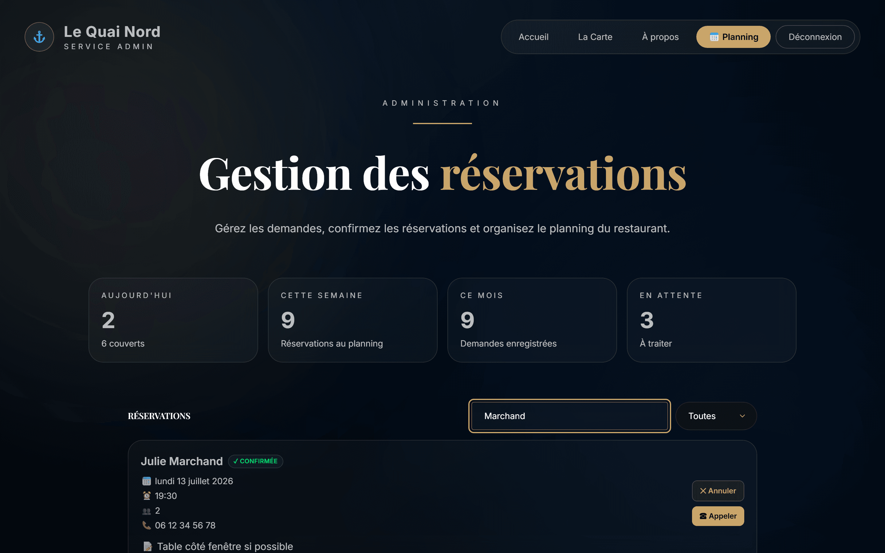 Capture d'écran réelle de la recherche dans les réservations