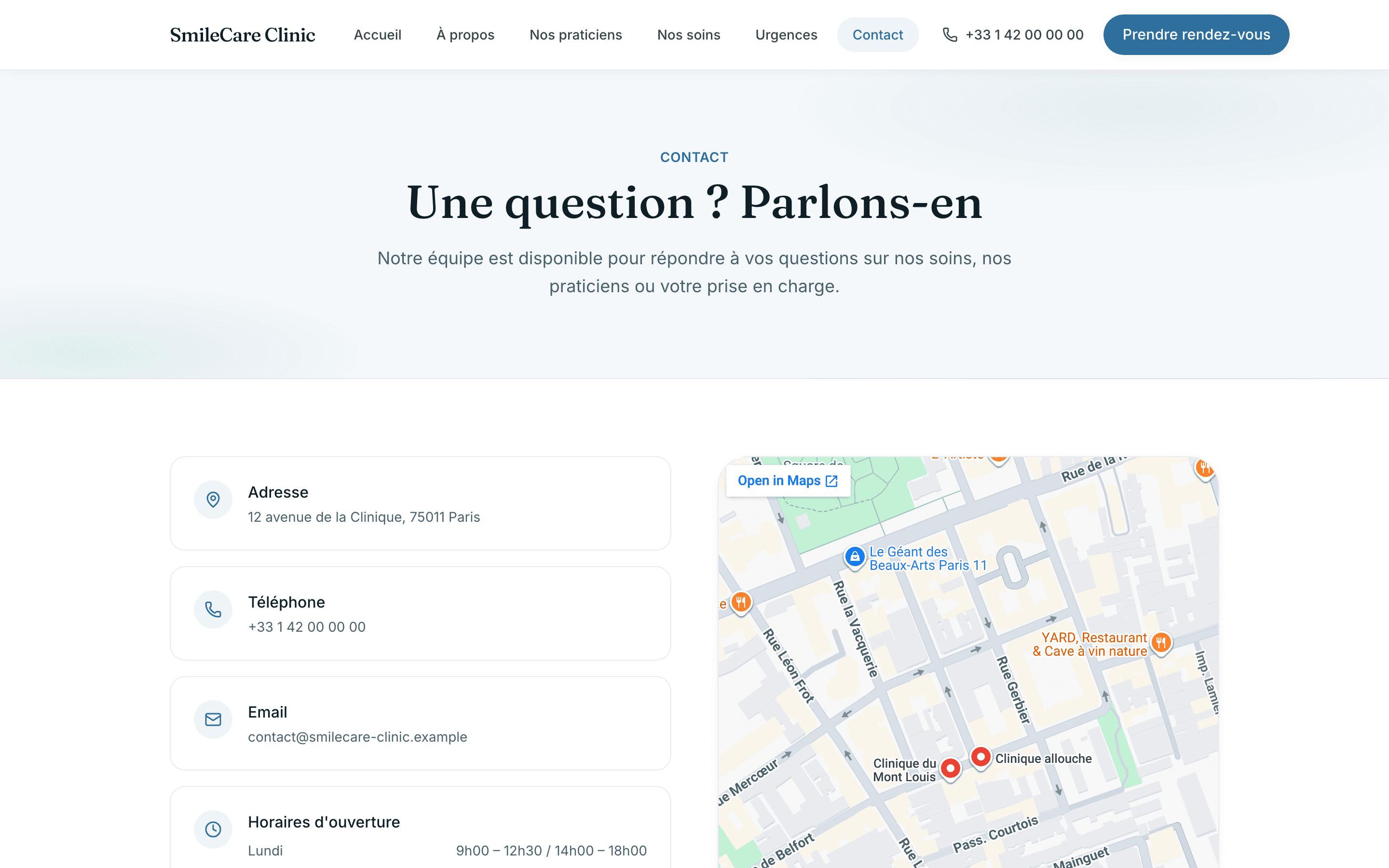 Capture d'écran de la page Toutes les informations pratiques réunies