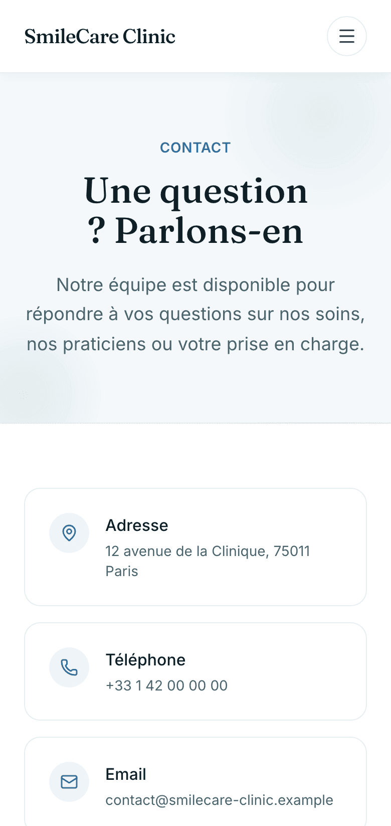 Capture d'écran réelle de la page de contact en mobile