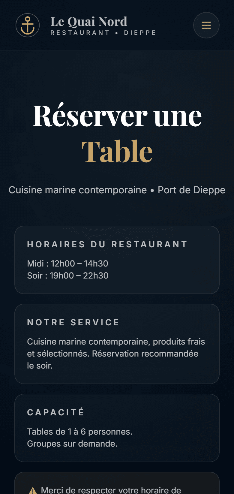 Capture d'écran réelle de la page de réservation en mobile