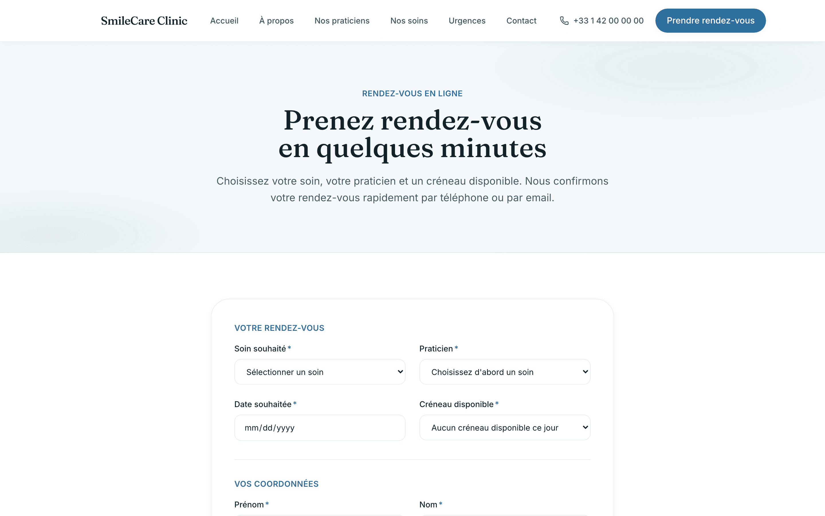 Capture d'écran réelle du formulaire de prise de rendez-vous en ligne