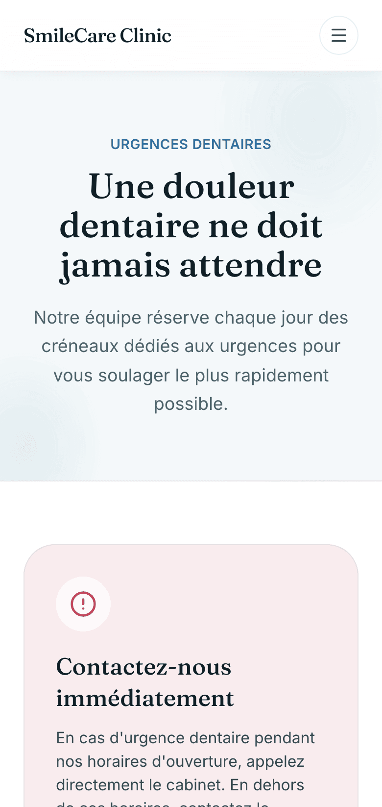 Capture d'écran réelle de la page des urgences en mobile